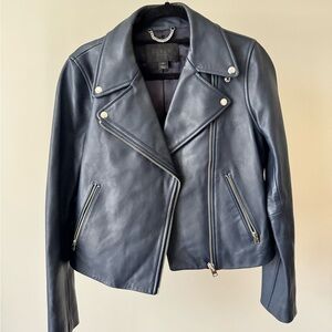 J. Crew Blue Leather Jacket Moto Style Asymmetrical Zipper